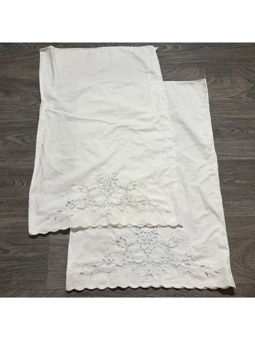 Vintage White Pillowcase Scalloped Edge Floral Embroidery Standard Queen Set of